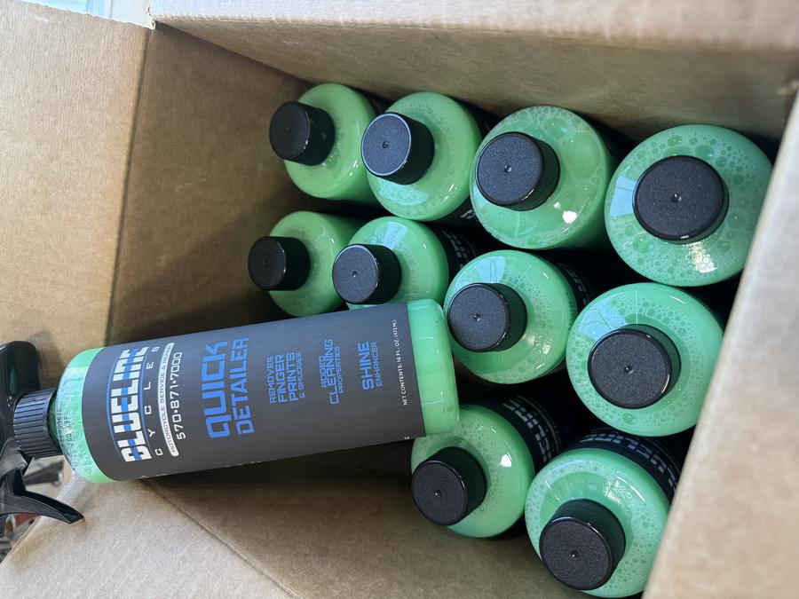 Case of BlueLine Cycles branded Quick Detailer spray bottles